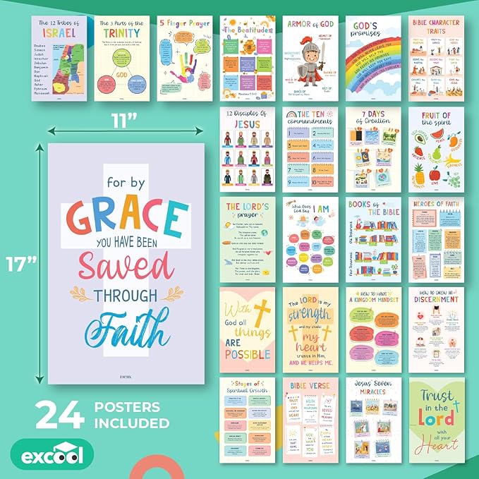Excool Club Sunday School Decorations For Classroom - 24 Book Of The Bible Posters For Kids, Ten Commandments Fruit Of The Spirit Wall Art, Bible Study Supplies For Christian Classroom Decor (11"x17")