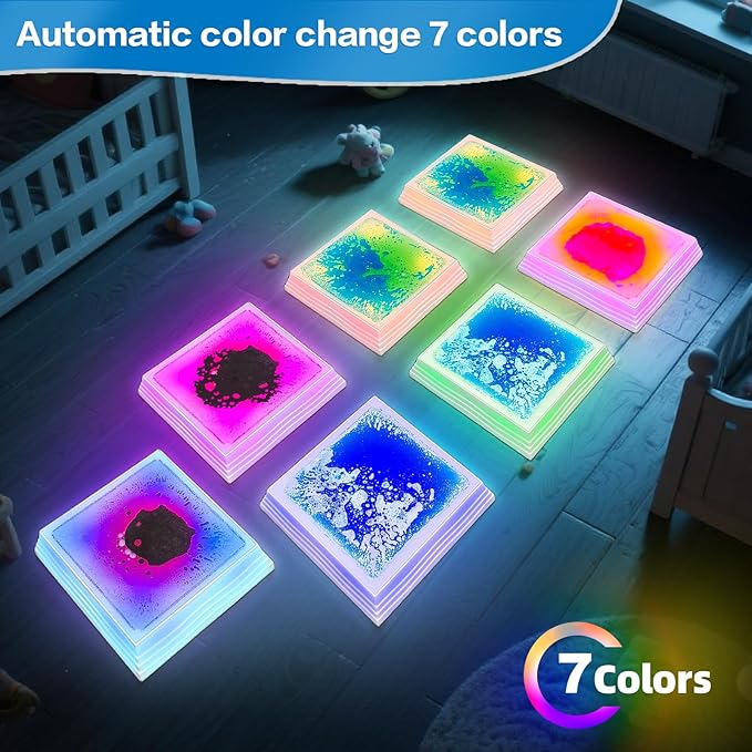 Light Up Sensory Floor Tiles for Kids - 12x12 Inch Liquid Sensory Play Mat with 7 Colors Led Lights, Non-Slip Puzzle Mat for Home and Classroom, Autism Sensory Toys for Toddlers Ages 3-7 (Pack of 4)