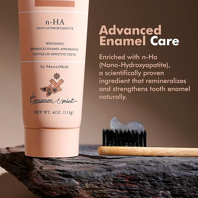 MasterMedi Nano Hydroxyapatite Toothpaste (Inspired by 10% nHA Formulas), Fluoride-Free, Whitening & Sensitivity Relief, Enamel Repair Support, SLS-Free, Xylitol, Mint & Cinnamon 4 Oz (Pack of 2)