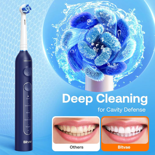 Bitvae R2 Rotating Travel Electric Toothbrush, 8 Professional Brush Heads, Carrying Case, 5 Teeth Care Modes, Pressure Alerts to Prevent Gum Injury, Long Duration