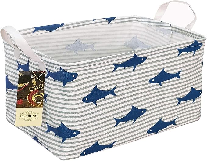 HUNRUNG Rectangle Storage Basket Cute Canvas Organizer Bin for Pet/Children Toys, Books, Clothes Perfect for Rooms/Playroom(Shark)