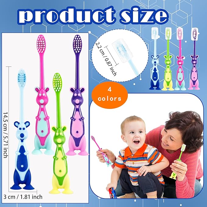 120 Pcs Kids Toothbrushes Bulk Cute Little Kangaroo Toothbrush with Cover Suction Cup Individually Wrapped Kangaroo Animal Toothbrush for Children Home School Camp Daycare Travel