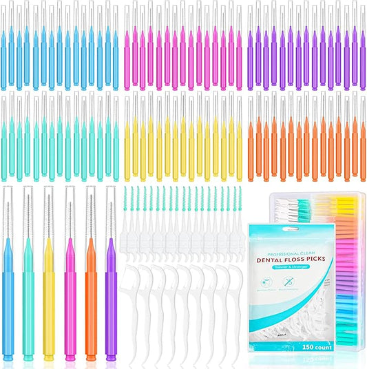 Lezmarket 450PCS Interdental Brushes and Flosser Picks Kit, Braces Brushes, Soft Picks and Dental Floss Sticks for Teeth, Braces Cleaner Brush Tooth Floss Pick Between Teeth Brushes for Braces