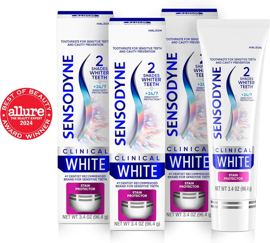 Sensodyne Clinical White Toothpaste Clinically Proven Whitening for Sensitive Teeth, Stain Protector, 3.4 oz x 3