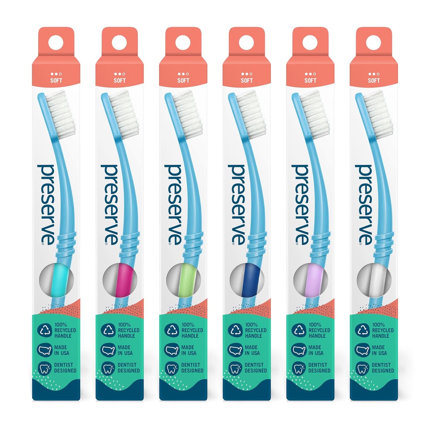 Preserve Eco Friendly Adult Toothbrushes, Made in The USA from Recycled Plastic, Soft Bristles, Paperboard Package, Colors Vary, 6 Count (Soft)