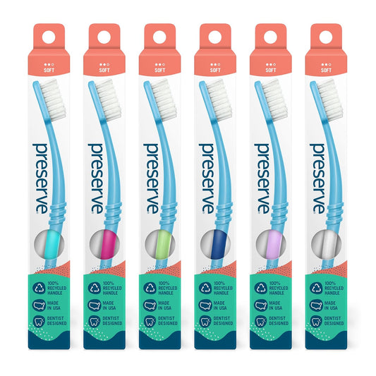 Preserve Eco Friendly Adult Toothbrushes, Made in The USA from Recycled Plastic, Soft Bristles, Paperboard Package, Colors Vary, 6 Count (Soft)