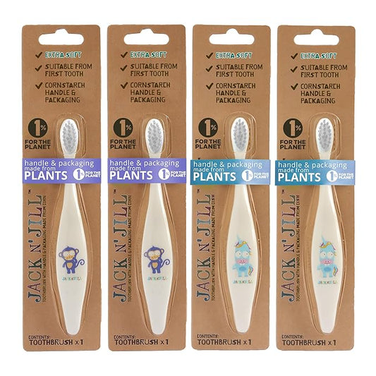 Jack N' Jill Baby & Toddler Toothbrush - 12 Months & Up, Age 2-4, Natural, Soft, Non Toxic, Cornhusk Handle, Kids Toothbrushes for Girls & Boys - Assorted Characters (4 Pack)