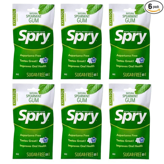 Spry On The Go Fresh Natural Xylitol Chewing Gum Dental Defense System - Aspartame-Free, Sugar-Free, Non-GMO (Spearmint, 55 Count - Pack of 6)