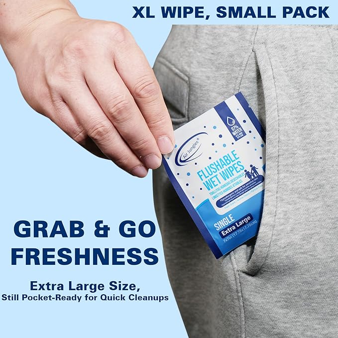 Air Jungles Flushable Wipes Individually Wrapped 50 Ct, with Aloe Vera & Vitamin E, Travel Size Wet Cleansing Wipes for Adult, Fresh Scent, Alcohol Free - XL 7 × 7 in
