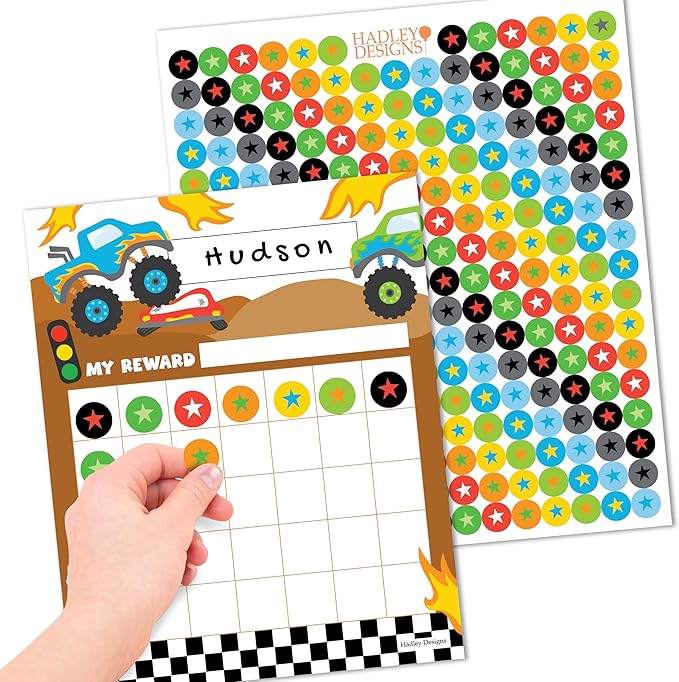 Sticker Chart for Kids Behavior at Home & Classroom - 25 Reward Chart for Kids Incentives, Gold Star Sticker Sheets, Monster Truck Incentive Charts for Classroom Must Haves