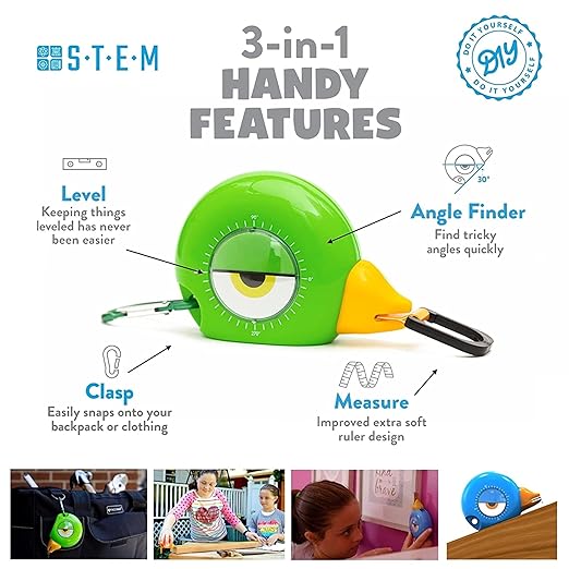 Handy Famm 8ft Green Bird Tape Measure for Kids – STEM Educational Tool with Level, Protractor, Retractable Design - DIY Construction Toy, Child-Safe Measuring Tapes, Gift for Boys & Girls 3+