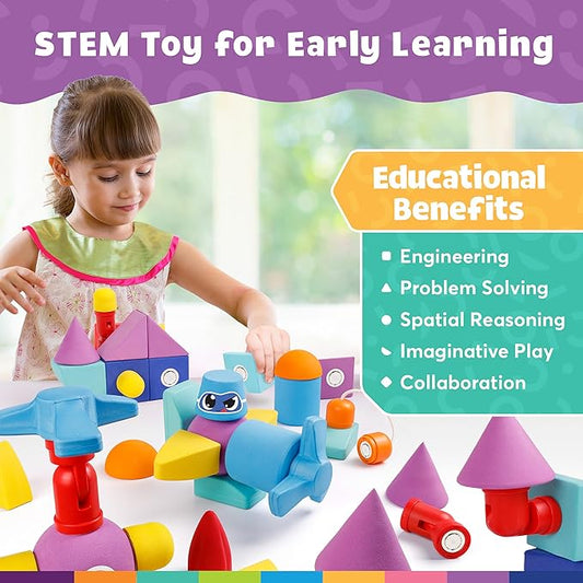 Blockaroo Magnetic Foam Bath Building Blocks - 50-Piece Trunk Set, Preschool Toys, Bathtub Toys, Sensory Toys, Engineering Toys for Kids 3-5