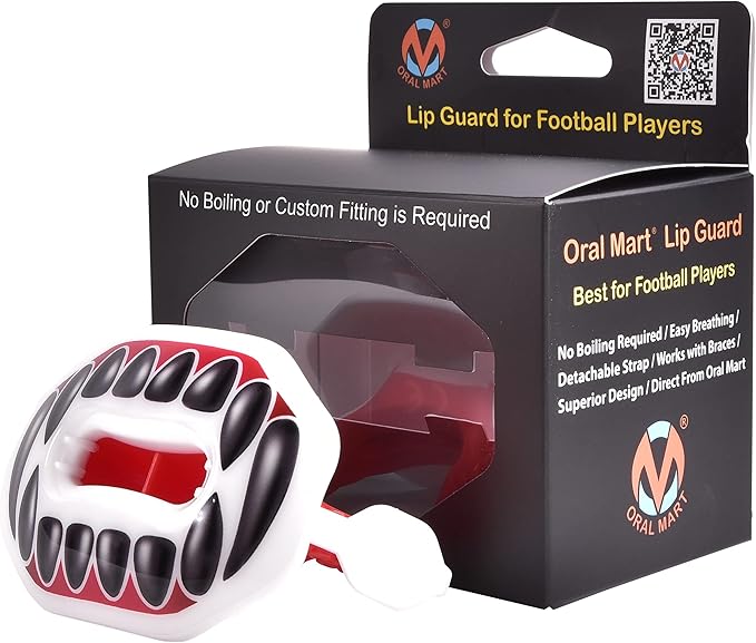 Oral Mart Flag Football Mouth Guard with 3D LipFit Design for Kids - Youth Tackle Football Mouthguard (No Boil) Cool Instant Fit Lip Guard Mouthpiece for Braces (Detachable Helmet Strap Included)