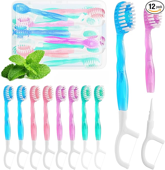 Mini Toothbrush Disposable with Toothpaste,Tongue Scrapers,Floss and Pick.Travel Tooth Brush Pack for Work or Travel.Individually Wrapped, 10 Count, Mint and Three Other Fruit Flavors