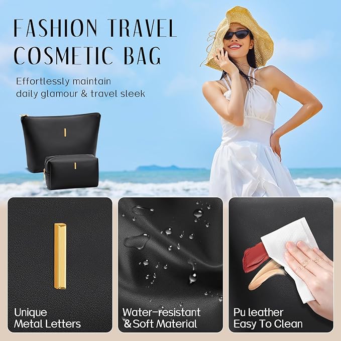 Women Gifts | Initial Makeup Bag Set for Girl Personalized Gifts for Bridesmaid Friend Graduation Teachers PU Leather Cosmetic Travel Toiletry Bag(Black,I)