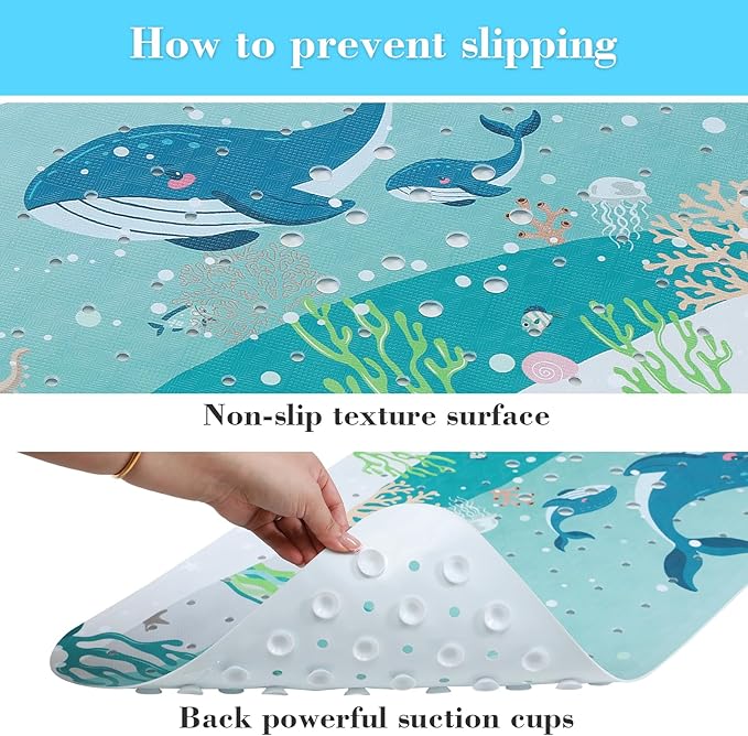 Bath Mat for Tub Non Slip, Machine Washable Anti-Slip Cartoon Baby Bathtub Shower Mat with Drain Holes and Suction Cups for Toddler & Kids (40 Inch x 16 Inch-Rectangular, 2-Whales)