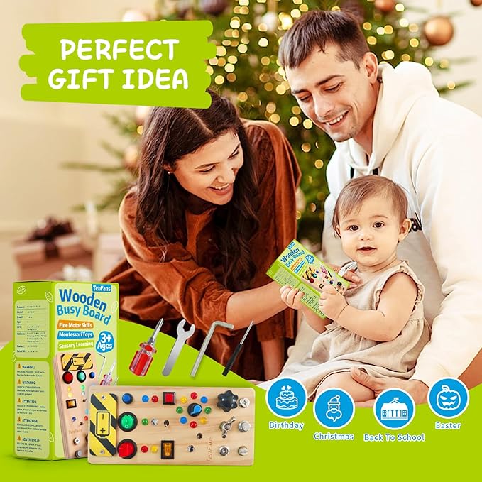 TenFans Montessori Busy Board with 8 LED Light Modes - Sensory Toys for 3-5 Year Olds & Airplane Travel, Wooden Activity Board Develops Fine Motor Skills