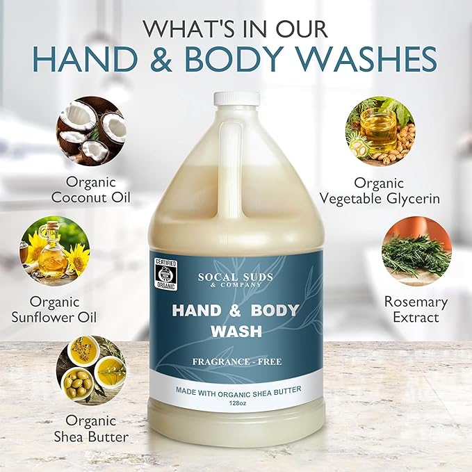 SoCal Suds & Company 128oz Certified Organic Hand & Body Wash w/Shea Butter- Gentle Natural Body,Baby & Face Wash for Sensitive Skin, Moisturizing Thick Castile, Hand Soap and More - Fragrance Free