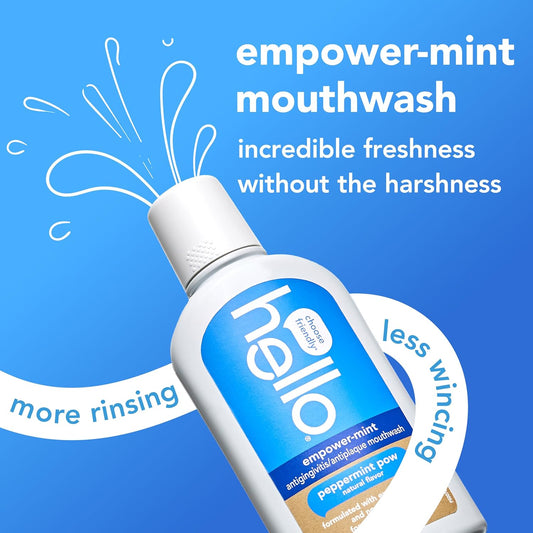 hello Empower-Mint Fluoride Free and Alcohol Free Mouthwash, Non Alcoholic Mint Mouthwash Pack, Peppermint Pow, 3 Pack, 16 Fl Oz Bottles