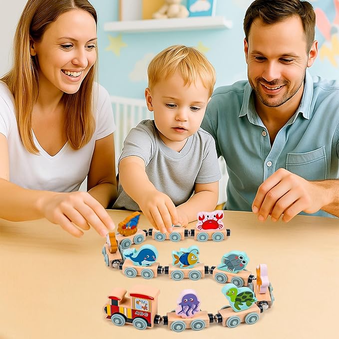 LovesTown Magnetic Wooden Sea Animal Train Set, Montessori Ocean Animal Toys for Kids, Educational Preschool Learning Activities, Toddler Birthday Gifts, 11 PCS