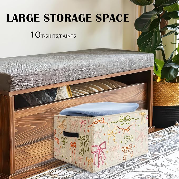 Preppy Bow Aesthetic Storage Basket Bin With Handles for Girls Kids, Preppy Bow Decor Foldable Organizer for Girls Room Nursery Bedroom Bathroom Clothes Toys Books