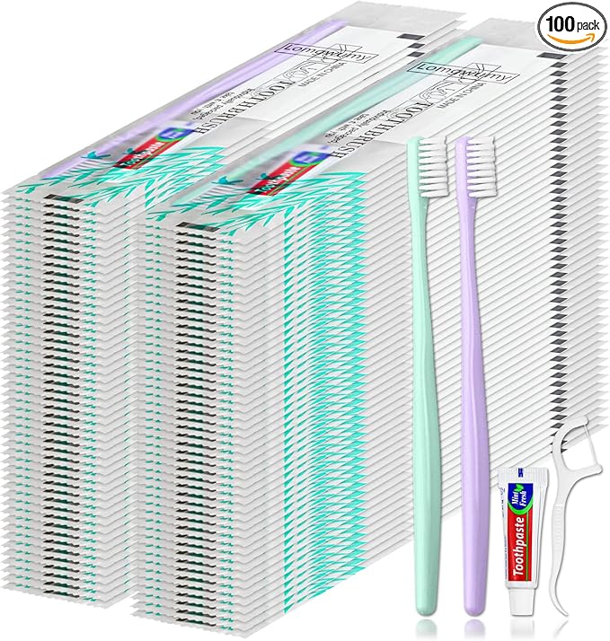 Disposable Toothbrushes, Toothbrush and Toothpaste, Toothbrush and Toothpaste Travel, Comes with Floss Picks, Individually Packaged, 2 Colors, Suitable for Hotel, Home, Camping, Travel (PACK-100)