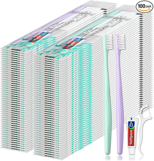 Disposable Toothbrushes, Toothbrush and Toothpaste, Toothbrush and Toothpaste Travel, Comes with Floss Picks, Individually Packaged, 2 Colors, Suitable for Hotel, Home, Camping, Travel (PACK-100)