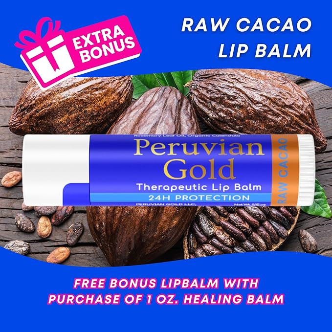 Peruvian Gold | Organic All Purpose Healing Balm | Scars, Eczema, Facial Moisturizer Cream, Dry Skin, Hair, Sun Burns | (1 Fl Oz) | BONUS Lip Balm