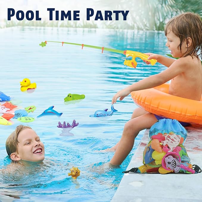 CozyBomB™ Magnetic Fishing Toys Game Set for Kids | Water Table Bathtub Kiddie Pool Party Pole Rod Net, Outdoor Plastic Floating Fish, Toddler Bath Color Ocean Sea Animals Birthday Gift Age 3-5 6 4-8