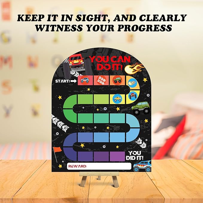 Race Car Reward Chart, Behavior Chart for Kids at Home, Wooden Incentive Chart Signboard with 24 Tokens, Truck Themed Sticker Charts Classroom Essentials -07