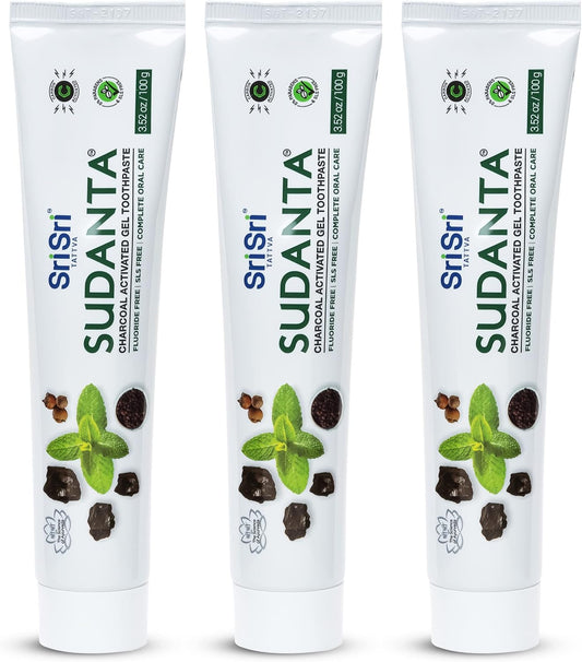 Sri Sri Tattva Sudanta Charcoal Toothpaste Gel – SLS, Fluoride Free Herbal Toothpaste with Neem & Ayurvedic Herbs – Natural Teeth Whitening, Fresh Breath, Oral & Gum Health – 100g Tube (Pack of 3)