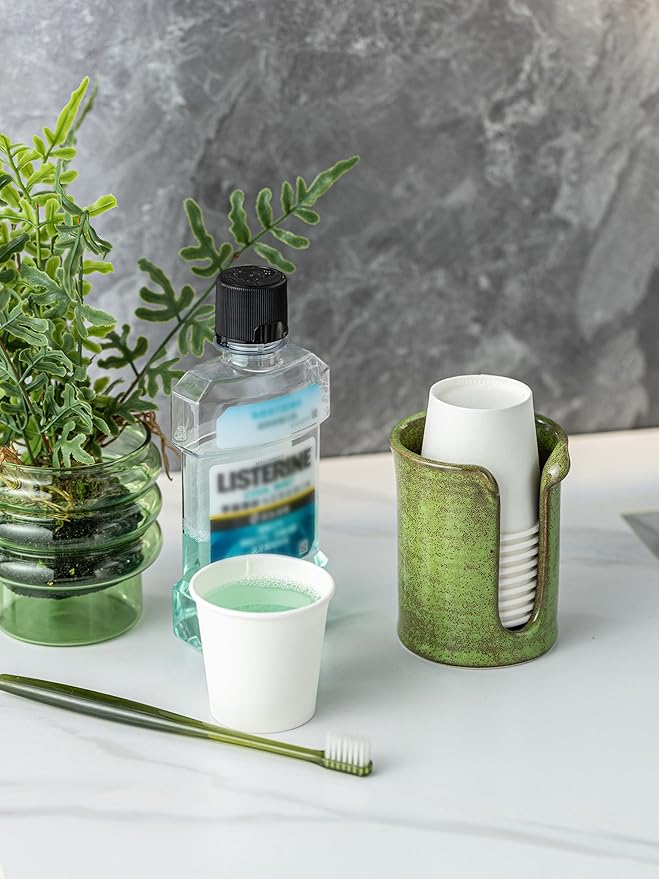 Ceramic Bathroom Cup Dispenser, 3 Oz Bathroom Cup Holder for Dixie Cups, Mouthwash Cup Dispenser for Bathroom Countertop, Green
