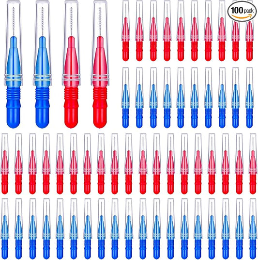 GOUWEIBA 100 pcs Braces Brush Disposable Interdental Brush Toothpick Dental Tooth Flossing Head Oral Dental Hygiene Flosser Dental Hygiene Flosser Tooth Cleaning Tools Oral Flossing Head (Blue+Red)