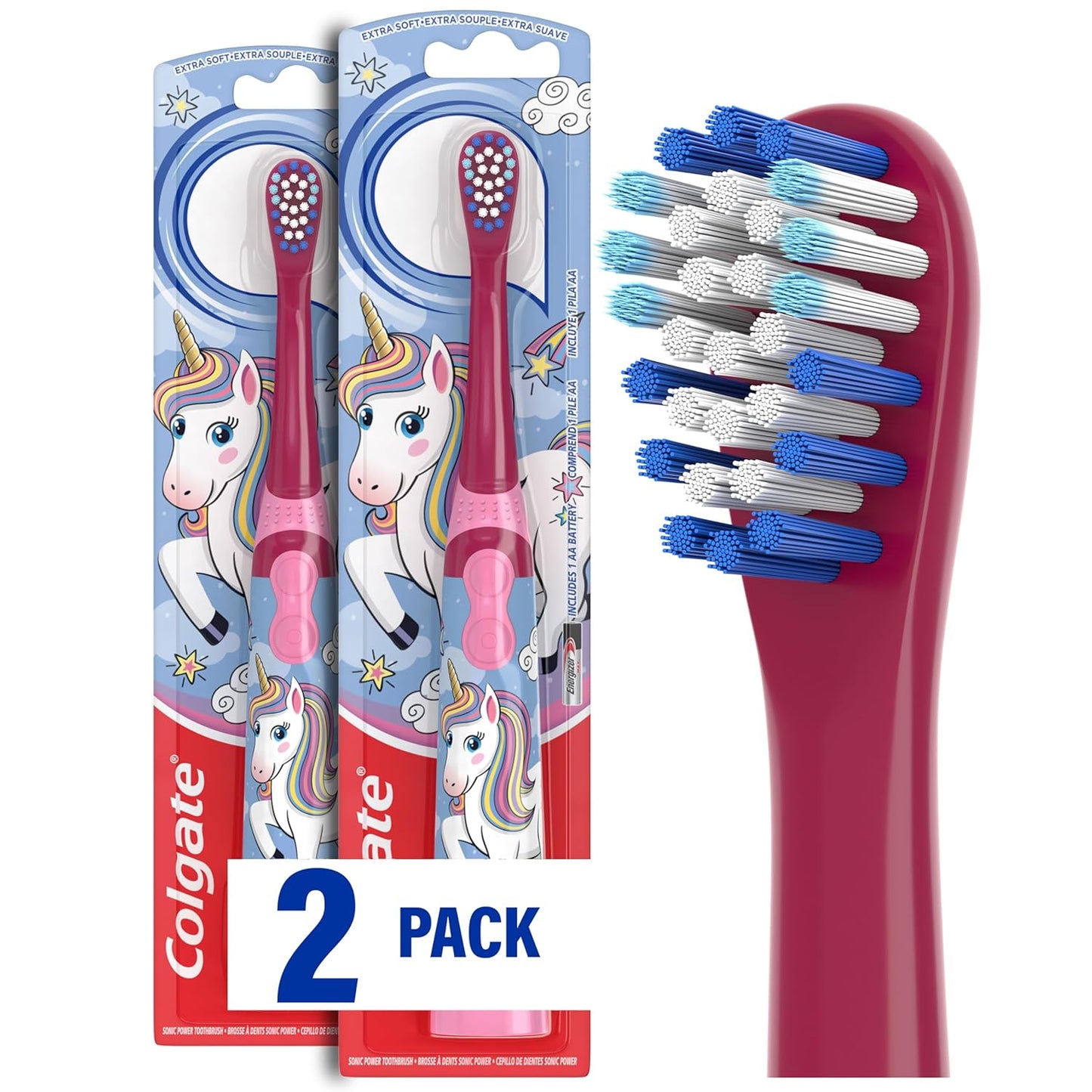 Colgate Kids Battery Powered Toothbrush, Unicorn, Extra Soft Toothbrush, Ages 3 and Up, 2 Pack