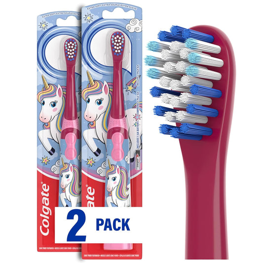 Colgate Kids Battery Powered Toothbrush, Unicorn, Extra Soft Toothbrush, Ages 3 and Up, 2 Pack