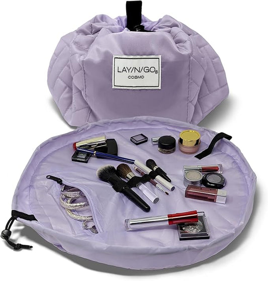 Lay-n-Go Cosmo Layflat Drawstring Cosmetic & Makeup Bag Organizer - Portable Drawstring Bag w/Zipper Pocket, Makeup Loops & More - Durable, Machine Washable Toiletry Bag for Travel (20", Quilted)