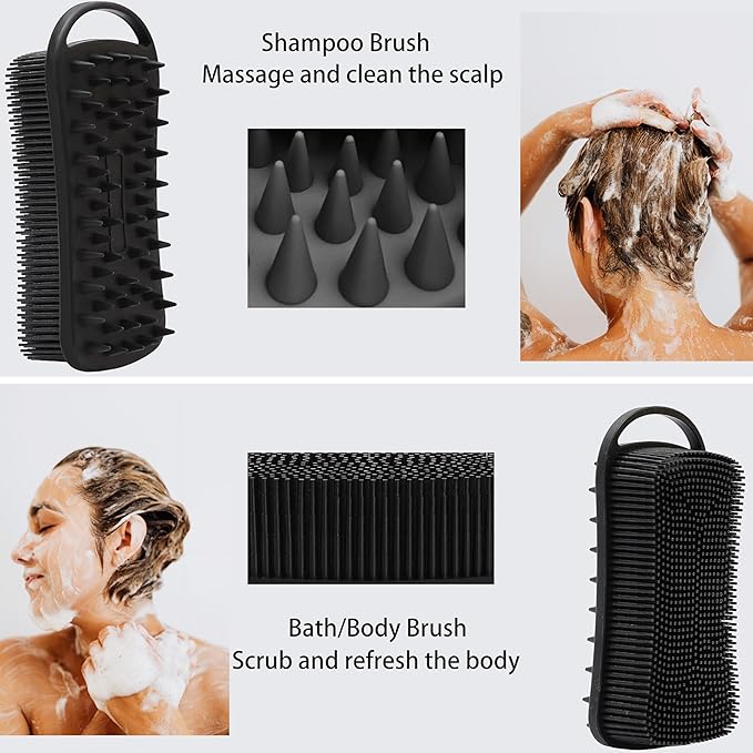 2 PC Silicone Body Scrubber, 2 in 1 Exfoliating Shower Bath Scrubber, Soft Silicone Loofah for Sensitive Skin, Shower Hair Scalp Massager, Easy to Clean, Lather Well (Black&Pink)