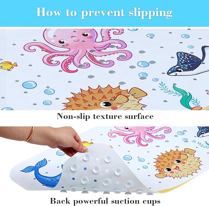 Bath Mat for Tub Non Slip, Machine Washable Anti-Slip Cartoon Baby Bathtub Shower Mat with Drain Holes and Suction Cups for Toddler & Kids (40 Inch x 16 Inch-Rectangular, New-Octopus)