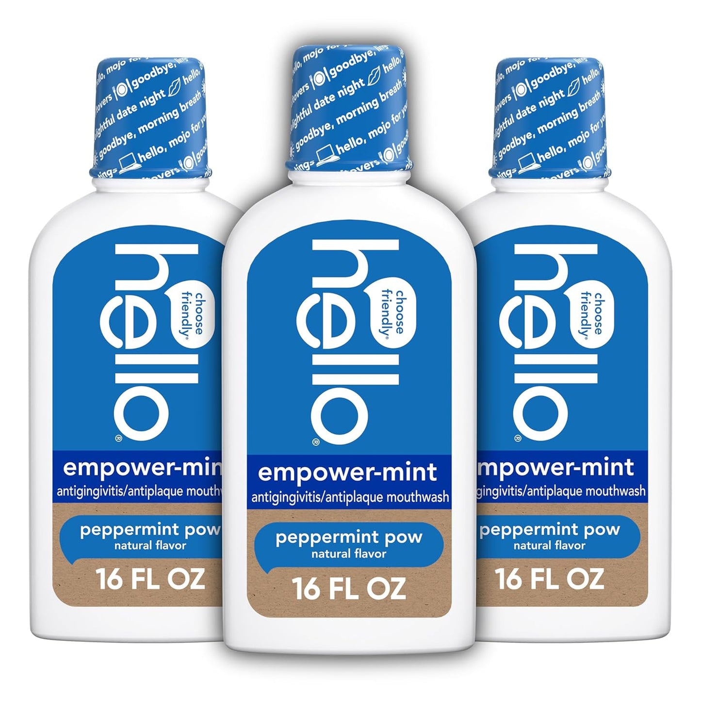 hello Empower-Mint Fluoride Free and Alcohol Free Mouthwash, Non Alcoholic Mint Mouthwash Pack, Peppermint Pow, 3 Pack, 16 Fl Oz Bottles