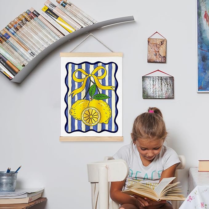 FDHSPAAM Coquette Yellow Bow Lemon Wall Art Decor, Lemon Home Decor, Blue and White Striped Fruit Wall Art Posters for Kitchen Dining Room Living Room Home, 12x16 Inch