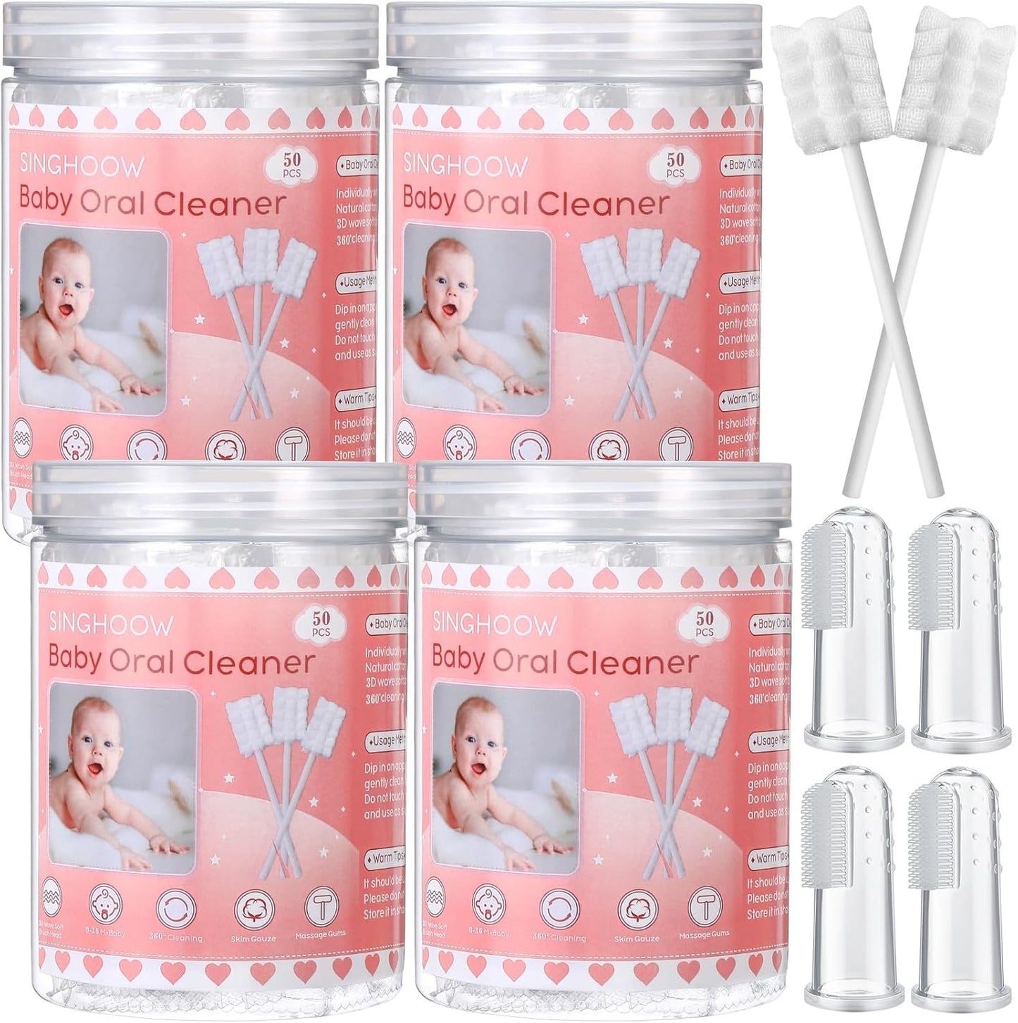 200 Pieces Baby Tongue Cleaner Disposable Infant Oral Cleaner with 4 Pieces Finger Toothbrush Soft Gauze Baby Mouth Newborn for Tooth Mouth Gum Dental Care(Pink)