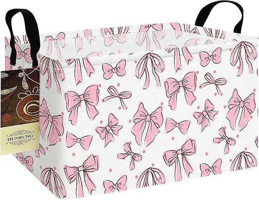 HUNRUNG Rectangle Storage Basket Cute Canvas Organizer Bin for Pet/Children Toys, Books, Clothes Perfect for Rooms/Playroom(REC-Pink Bow)