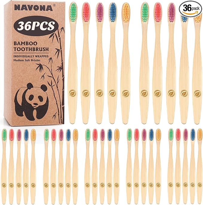 Navona 36 PCS Bamboo Toothbrushes, Kids Aged 7+ Toothbrush Pack, Eco-Friendly Natural Wooden Toothbrush Bulk, Individually Wrapped Bulk Toothbrushes，BPA Free Medium Soft Bristles