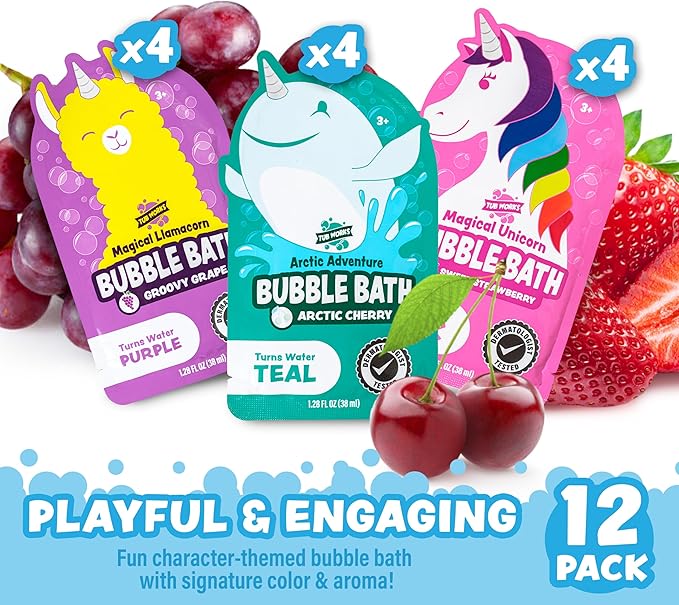 Tub Works® Magical Kids Bubble Bath, Variety 12 Pack | Creates Colorful Water & Tons of Foam Bath Bubbles | Nontoxic | Character-Themed Bubble Bath for Kids | Pink, Purple & Teal Bath Colors