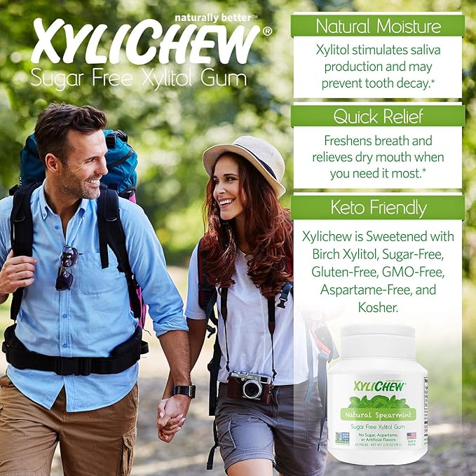 Xylichew 100% Xylitol Chewing Gum - Non GMO, Non Aspartame, Gluten Free, and Sugar Free Gum - Natural Oral Care, Relieves Bad Breath and Dry Mouth - Spearmint, 60 Count