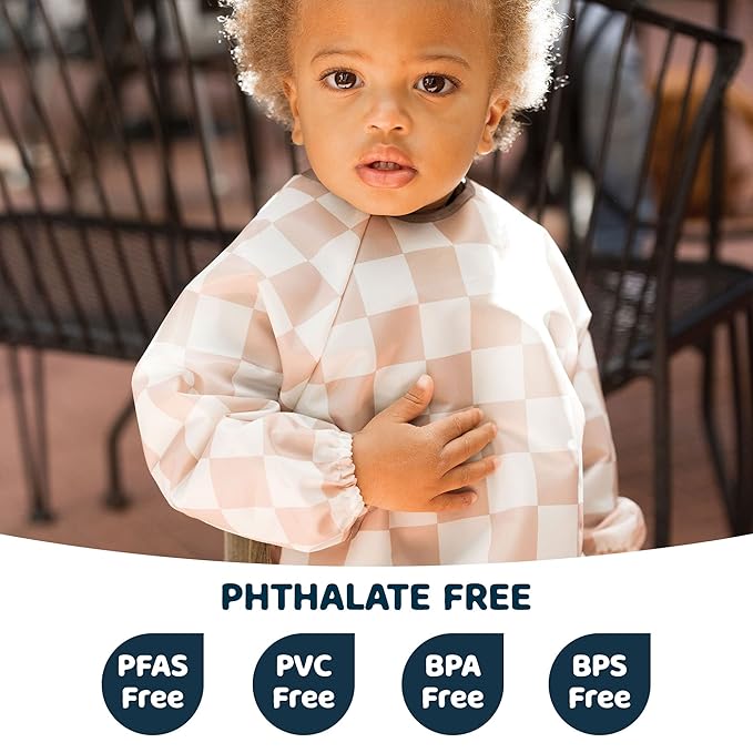 Tiny Twinkle Long Sleeve Bib for Babies & Toddlers – Waterproof Smock Bib for Eating – Machine Washable & Mess-Proof, Baby Feeding Essential & Shower Must-Have(Checkers Brown, 6–24M)