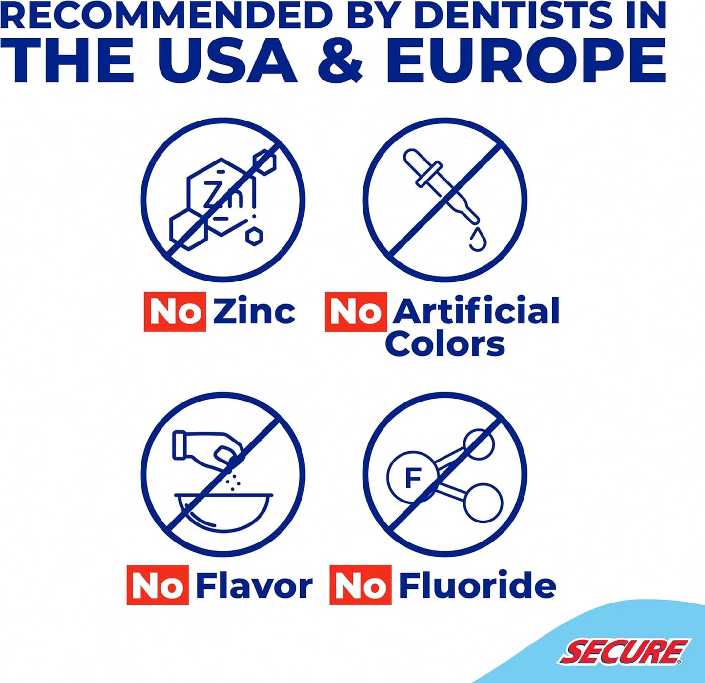 Secure Waterproof Denture Adhesive - Zinc Free - Extra Strong Hold For Upper, Lower or Partials - 1.4 oz (Pack of 8)