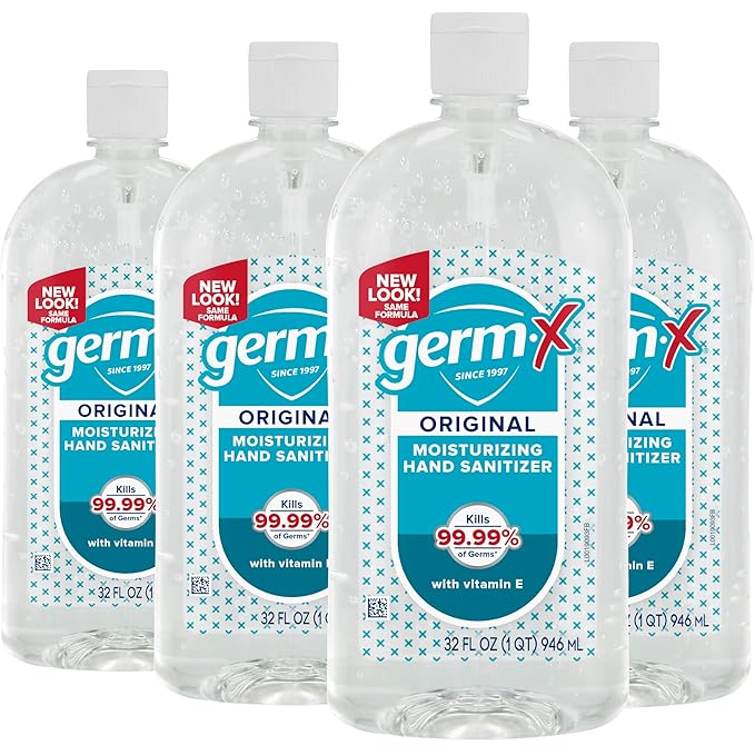 Germ-X Original Hand Sanitizer, 32 Fl Oz (Pack of 4), Less Drying Moisturizing Gel with Vitamin E, No Rinse Formula, Large Family-Size Flip Top Bottle