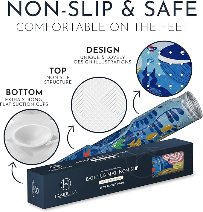 Bath Tub Mat Non Slip Anti Mold for Kids BPA Free INCL Hooks - homerella® Ocean Sea Animals 40x16, Baby Bath Mat Non Slip 200 Suction Cups, Non Toxic Machine Washable Toddler Bath Mat, EU Certified