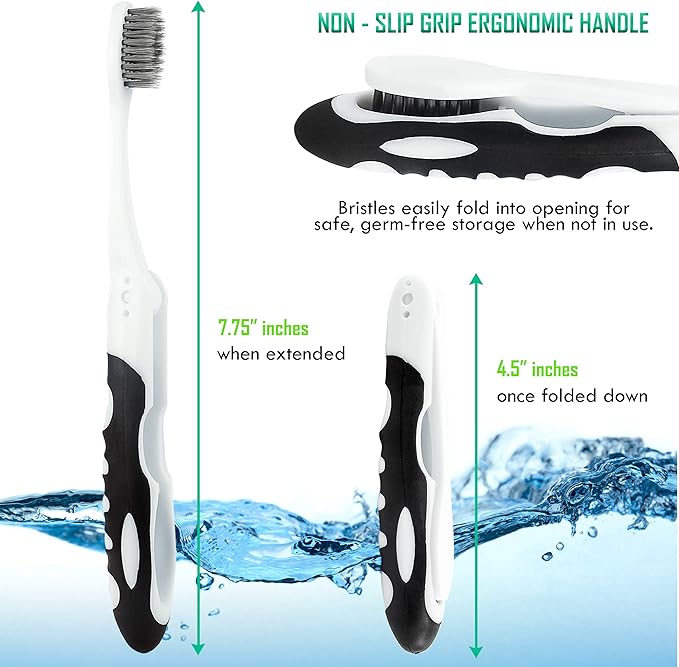 Lingito Travel Charcoal Toothbrush, On The Go Folding Feature, Soft Bristle Brushes (2 Pack)